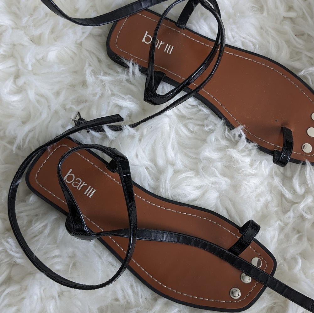 Flat, ankle strap, black patent leather